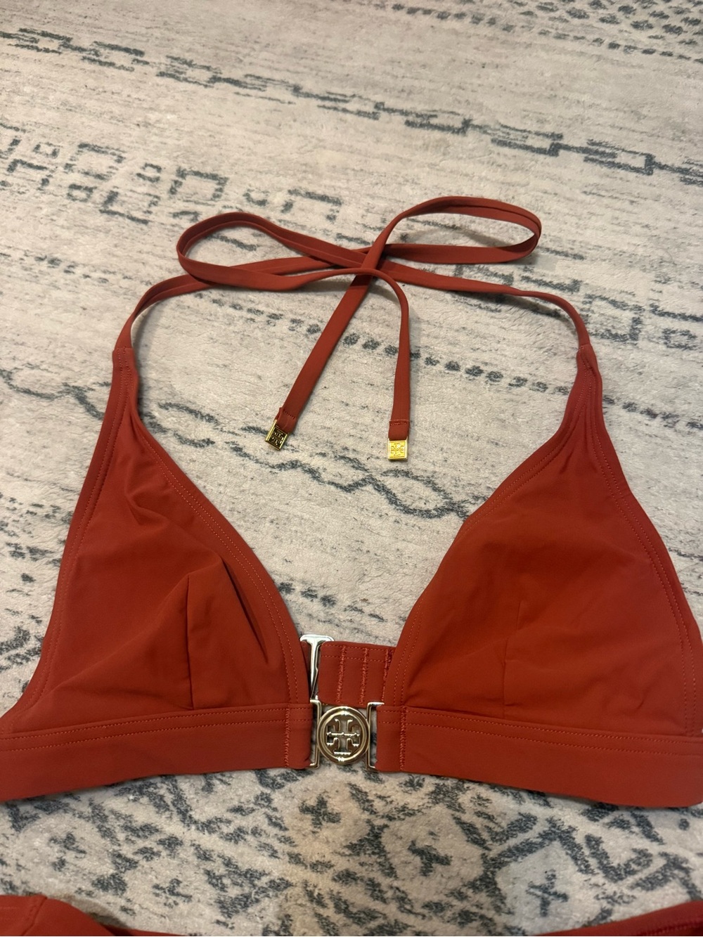 Tory Burch Rust Red Triangle Bikini with Gold Logo Accents - Picture 3 of 4